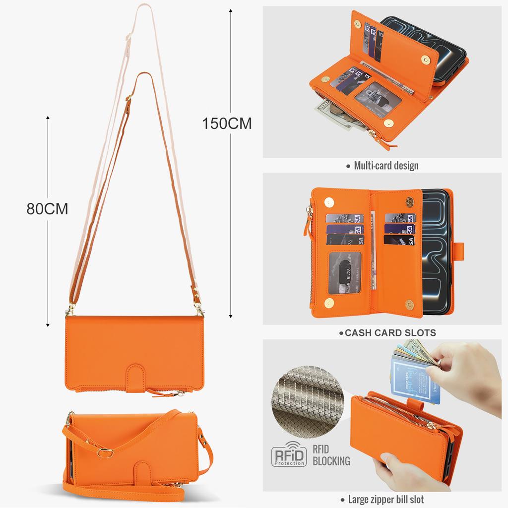 Custodia in Pelle a Portafoglio con Laccio Lungo da Collo e Slot per Carte per iPhone 17 Pro Max 16 15 14 13 12 11 Antiurto Per Cover Magsafe