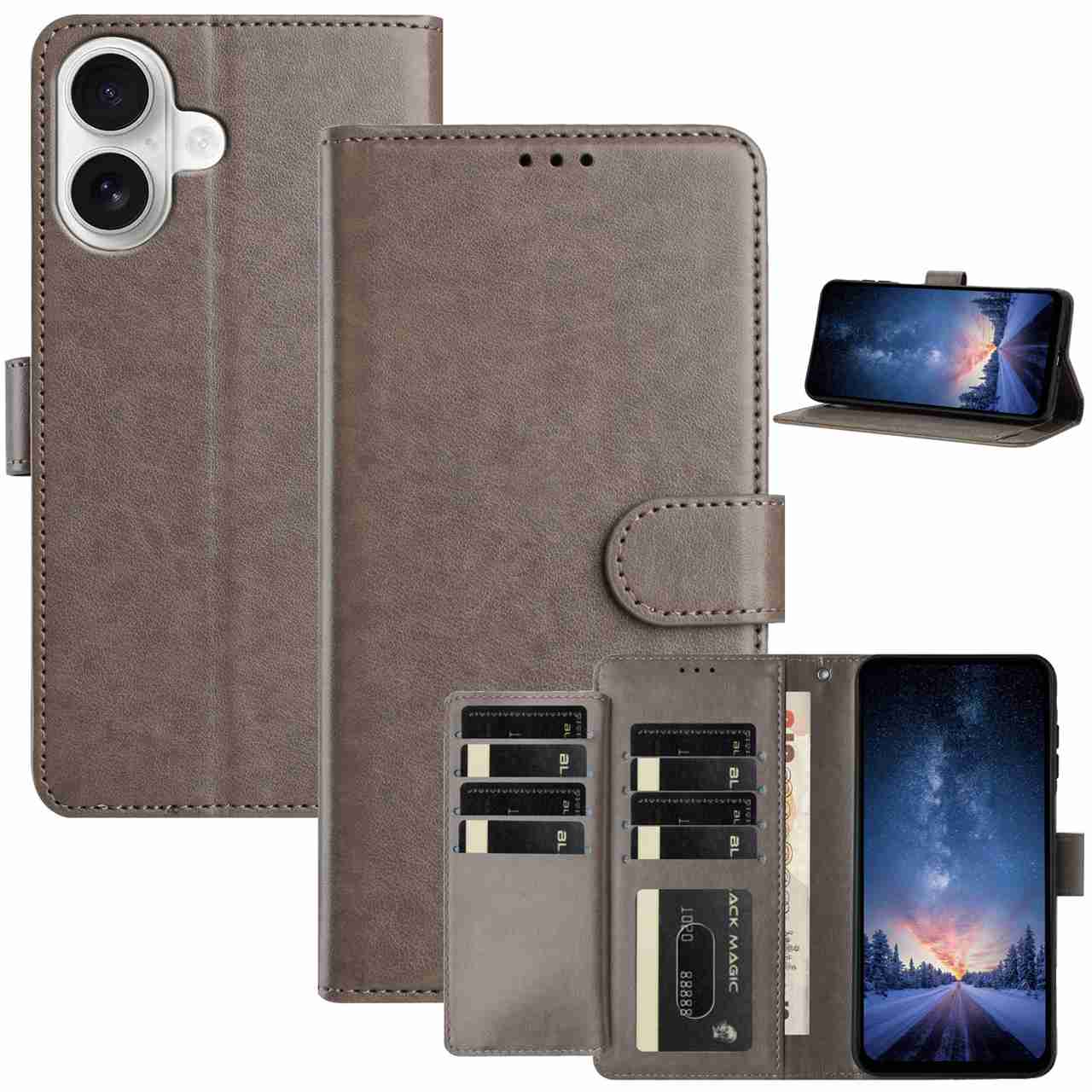 

For iPhone 17 Wallet Phone Case Stand PU Leather Folio Flip Cover with 8 Card Slot Grey