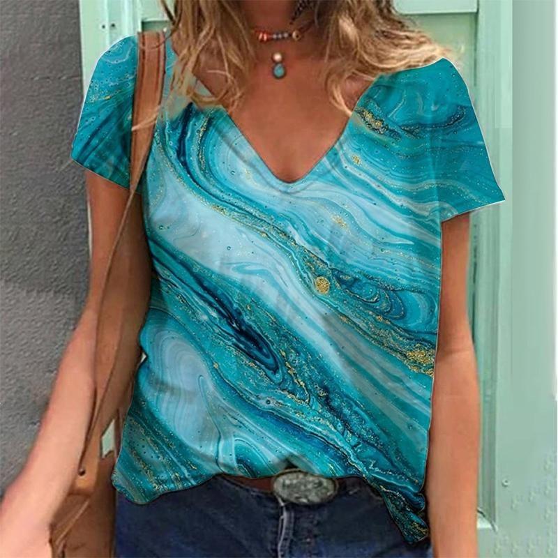 Women's V-neck Short Sleeve T-shirt Gradient 3D Printed T-shirt Personality Fashion Streetwear Girls Short Sleeve Top Clothing