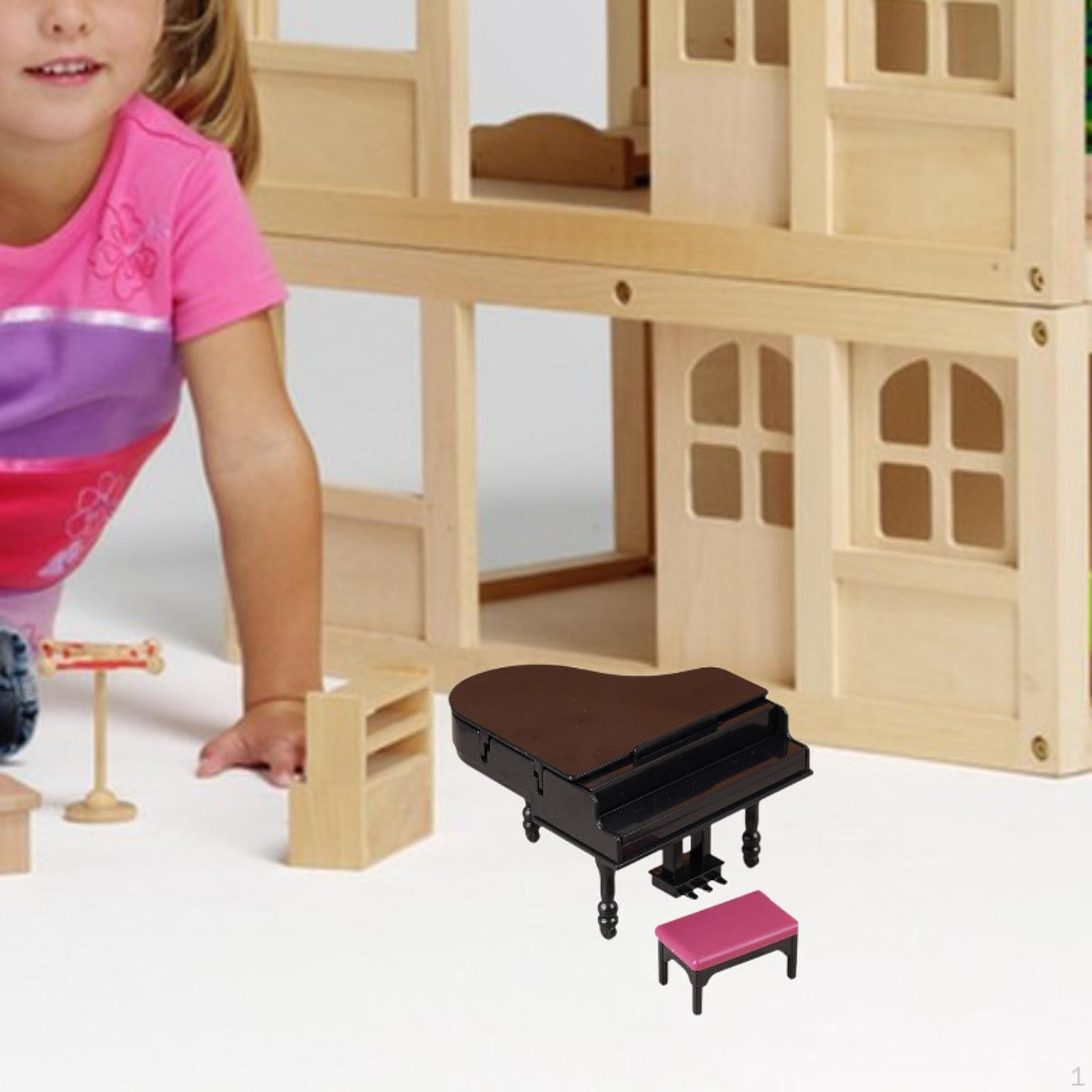 1/12 Doll House Piano with Stool Musical Instrument Decor Decoration Mini Furniture for