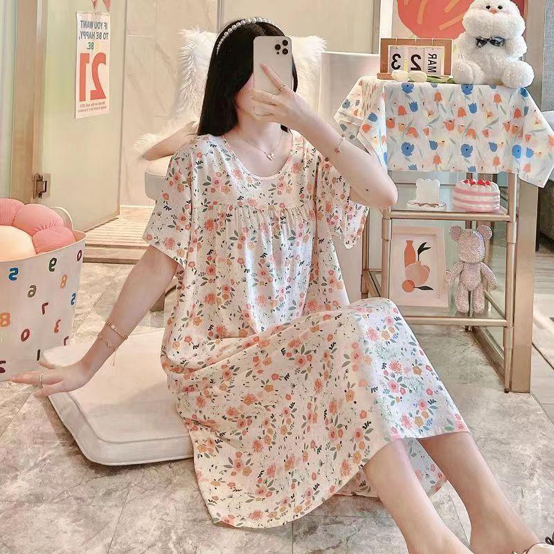 Comfortable Cotton Silk Sleepwear Women's Summer Cool Home Dress Artificial Cotton Mid-Length Plus Size Indoor-Outdoor Wear
