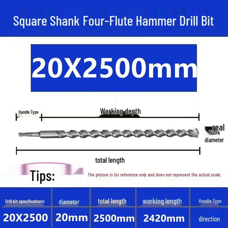 Extended Electric Hammer Drill Bit, Square & Round Shank, for Concrete Piercing - Available in 500mm to 2m Lengths