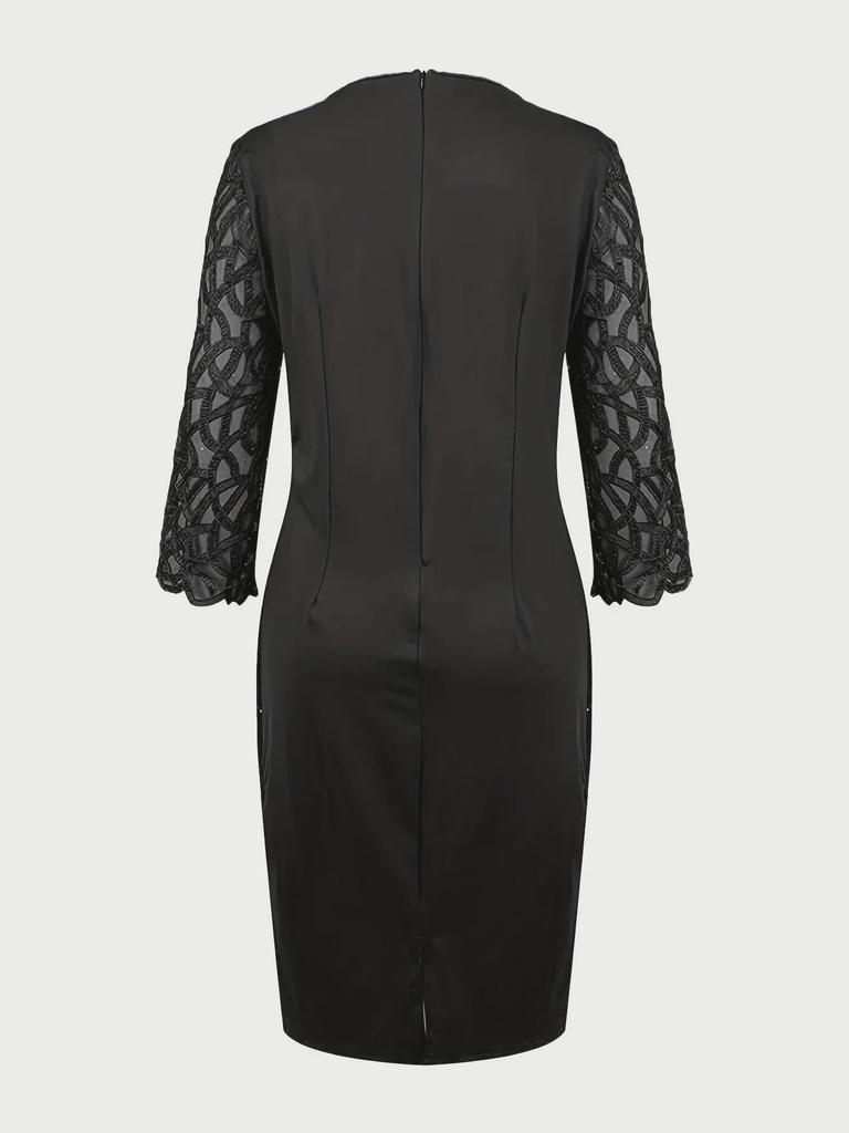 Women's European & American Round Neck Shiny Slim Party Dress with Mesh Three-Quarter Sleeves