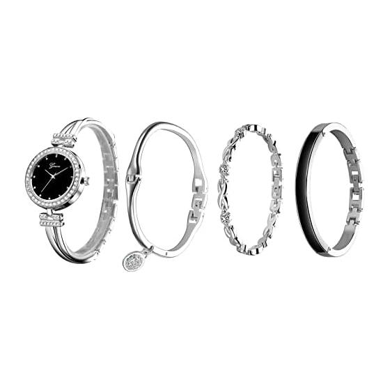 [JEWELRYWE] Women s Watch Bangle Simple Cute 4 Piece Set Analog Display Waterproof Popular Stylish Ladies Watch Silver Birthday Anniversary Christmas