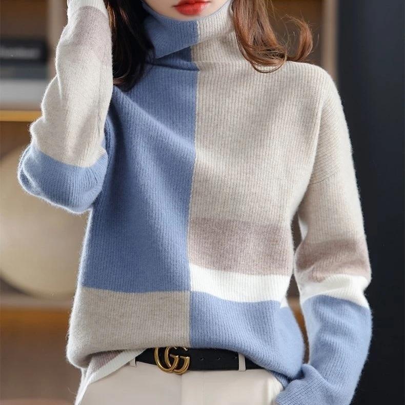 Sweater for Women Autumn Winter Thickened Pullover Warm Knitted Striped Crew Neck Base Layer Stretchy Long Sleeve Oversize Jumper Tops