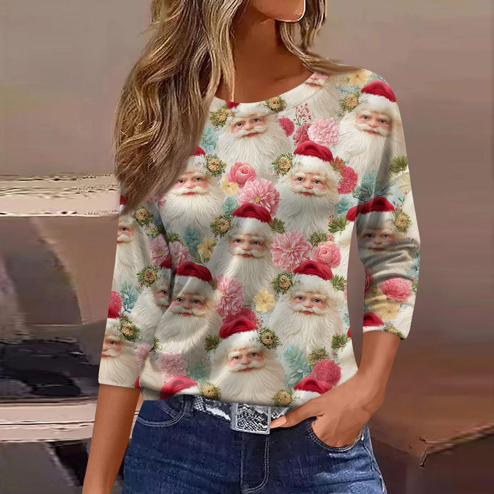 

Женская Мода Повседневный Рукав Три Четверти Рождественский Принт Горловина Топ XXXL бежевый