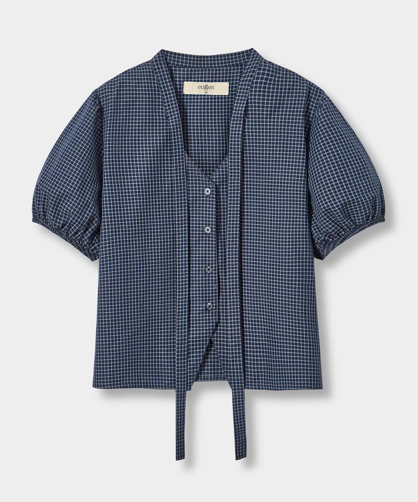 Yujen Soft Tie Button Blouse_Check Navy