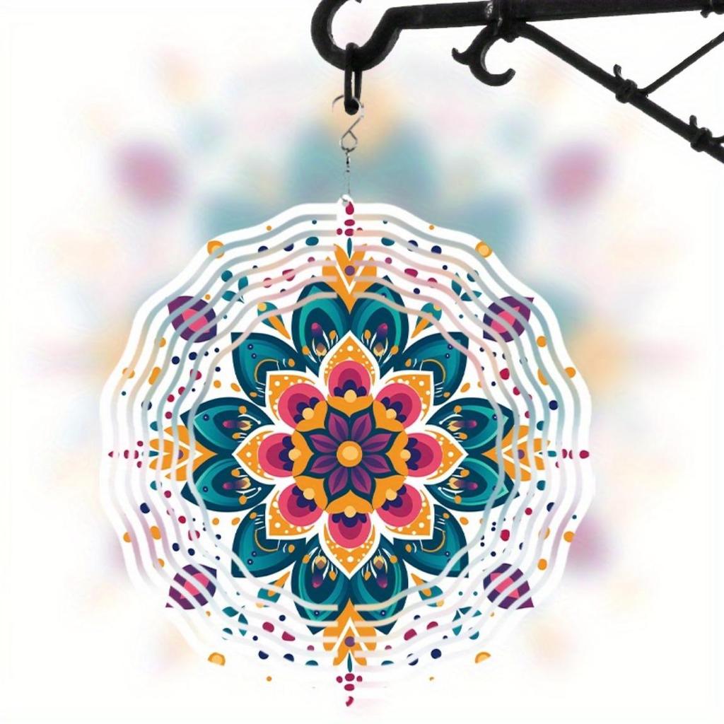 10 Zoll Mandala Windspiel Outdoor Gartendeko mit 360° drehbarem Haken Lebhaftes Metall Hängedesign für Terrasse Rasen Saisongeschenk