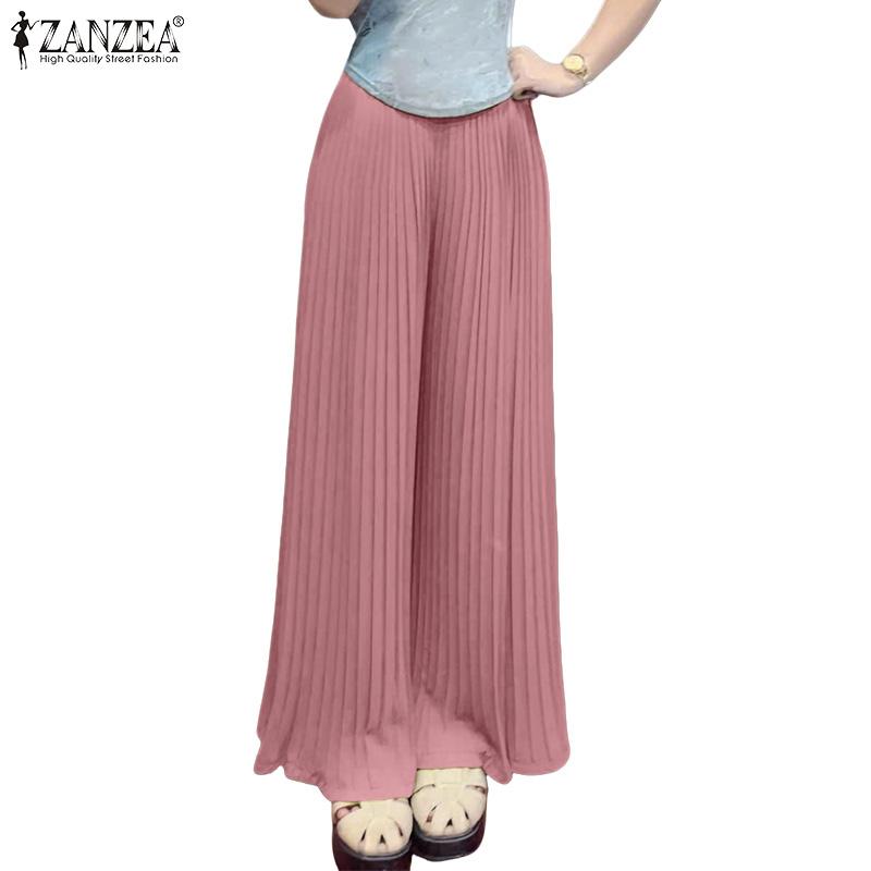 ZANZEA Womens Casual Solid Color Loose Wide Leg Pleated Pants