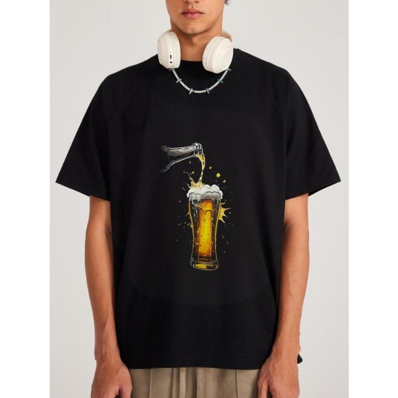 Weißes T-Shirt Bier Einschenken Grafikdesign Freizeitkleidung für Herren Sommeroutfits Partykleidung