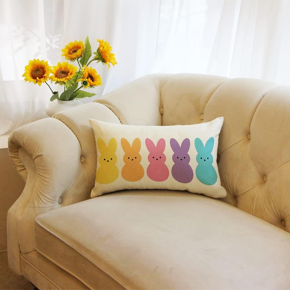 Ogiselestyle Easter Bunny Peeps Lumbar Throw Pillow Cover, 12 x 20 Inch Spring Bunny Rabbit Cushion Case Decoration for Sofa Couch