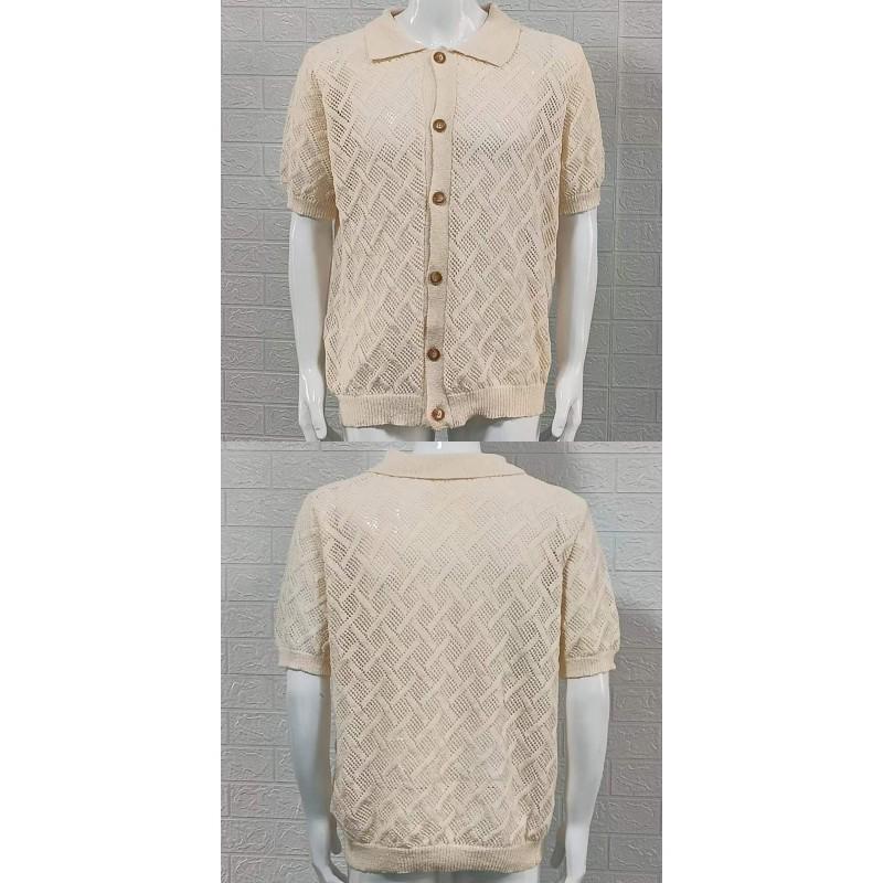 Mens Short Sleeve Polo Neck Knit Cardigan Hollow Out Slim Fit Young Adults