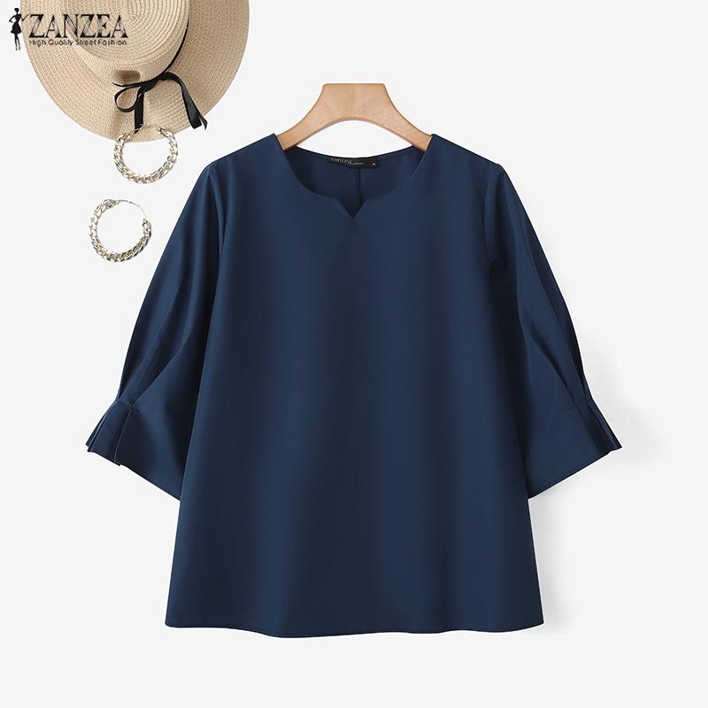 ZANZEA Women Casual V-Neck Solid Color Loose 3/4 Sleeve Blouse
