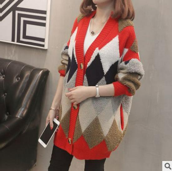 Cardigan in Maglia con Scollo a V a Blocchi di Colore e Motivo a Diamanti 2023 - Stile Coreano, Dimagrante, Vestibilità Larga per Primavera/Autunno.