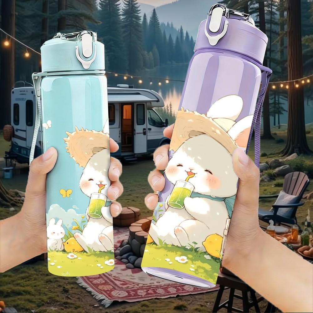 1PC Bunny Picnic Spring Cute Print 750ml Color Plastic Sports Water Bottle Leakproof Flip Straw Lid Suitable for Sports Office Home Use