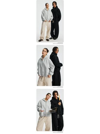 2025 Herbst/Winter Boxy Cropped Reißverschluss Kapuzen-Strickjacke: Unisex Lockerer Fleece-gefütterter Pullover mit tief angesetzten Schultern