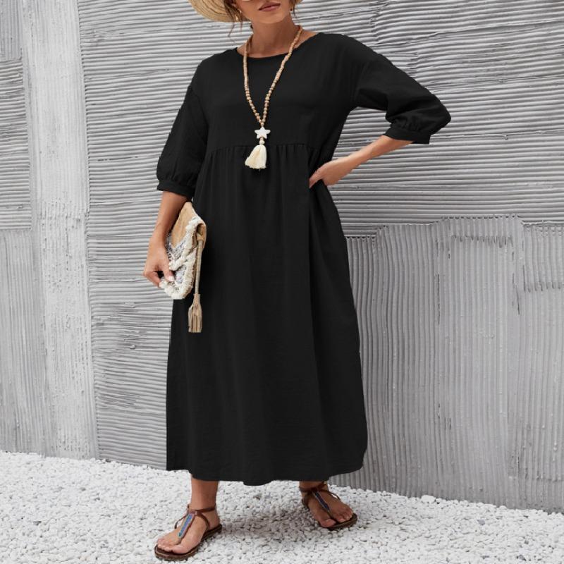 Estate Nuovo Solido Donna Abito Casual Taglia Forte Moda Manica a Lanterna Abiti Ampi Femminile Retro Cotone e Lino Tasca Signore Abito Lungo 24513