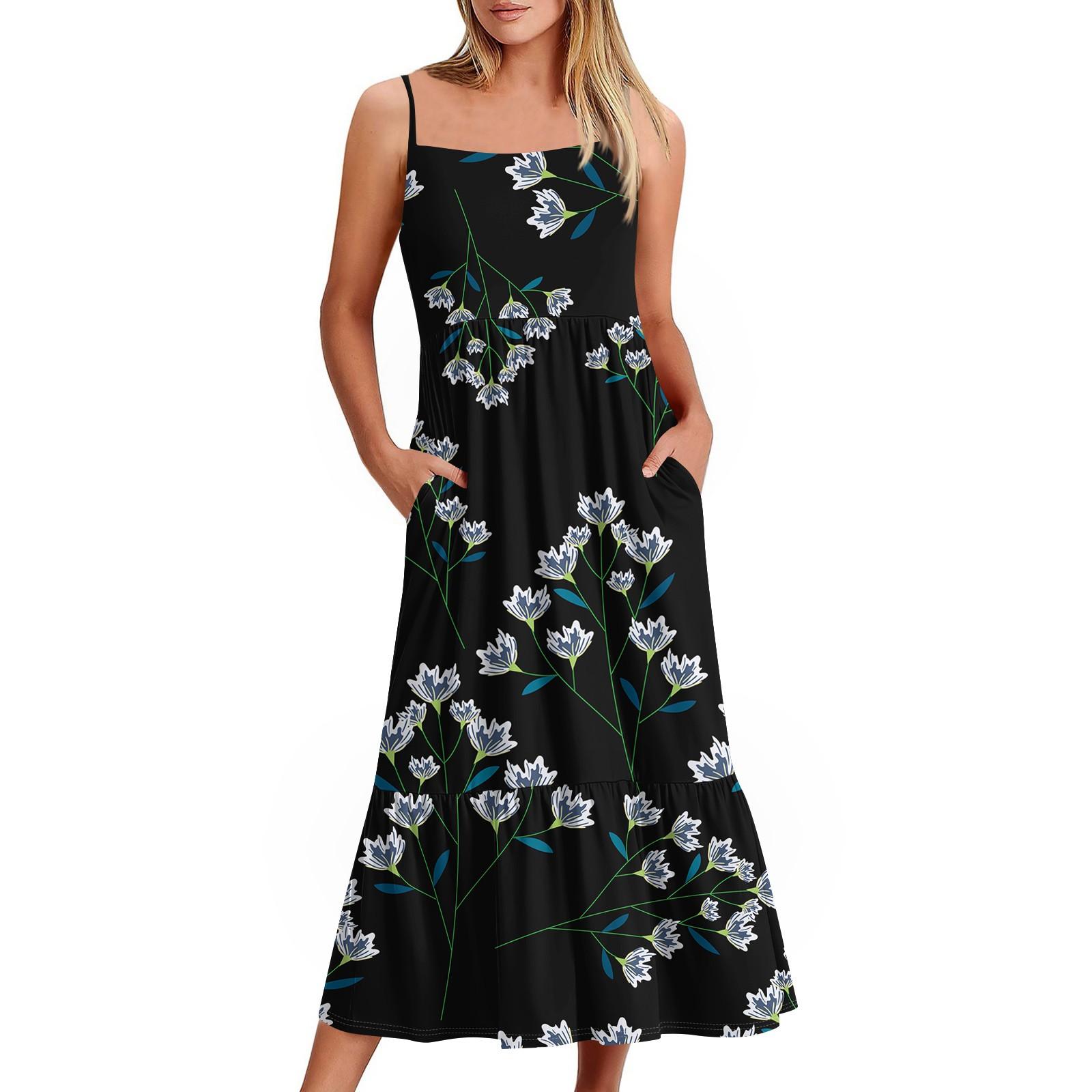 

Women s Long Beach Casual Elegant Spaghetti Strap Maxi Dress Floral Low-key Flowing Bohemian Dress S білий