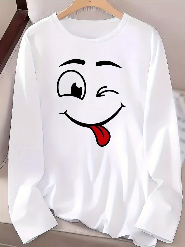 fashionable casual loose fun expression pack printed round neck long sleeved T-shirt
