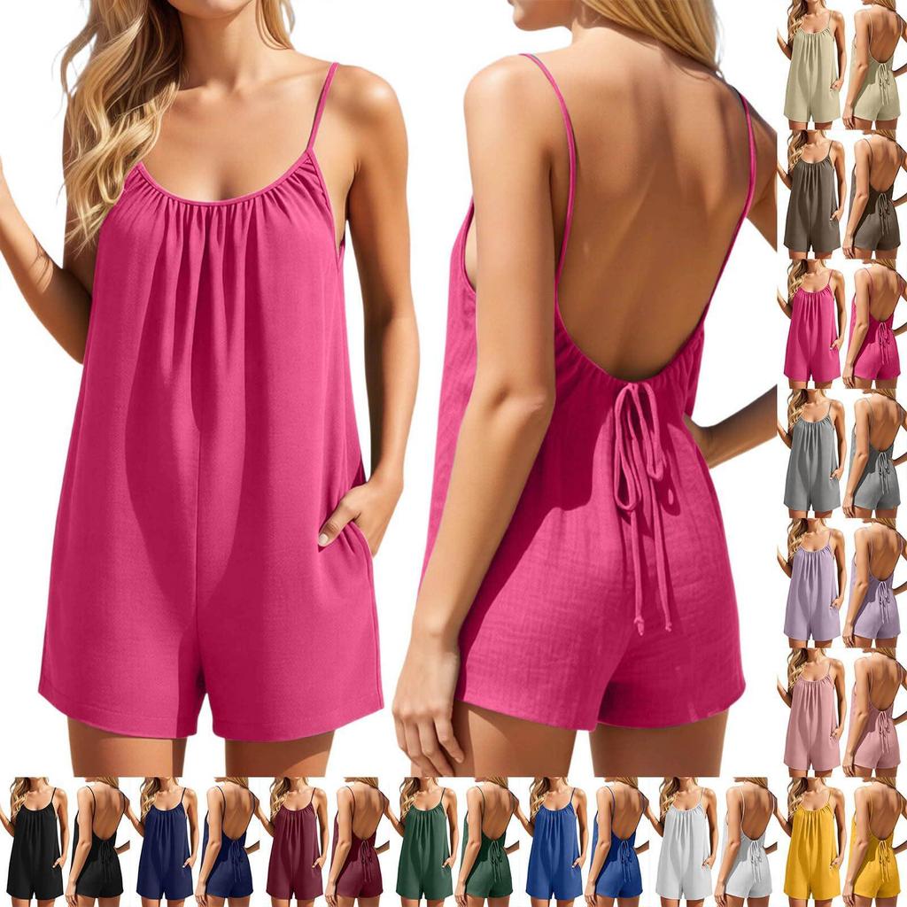 Summer 2026 Women's Linen Shorts Jumpsuit - One-Piece Romper for Beach Vacations