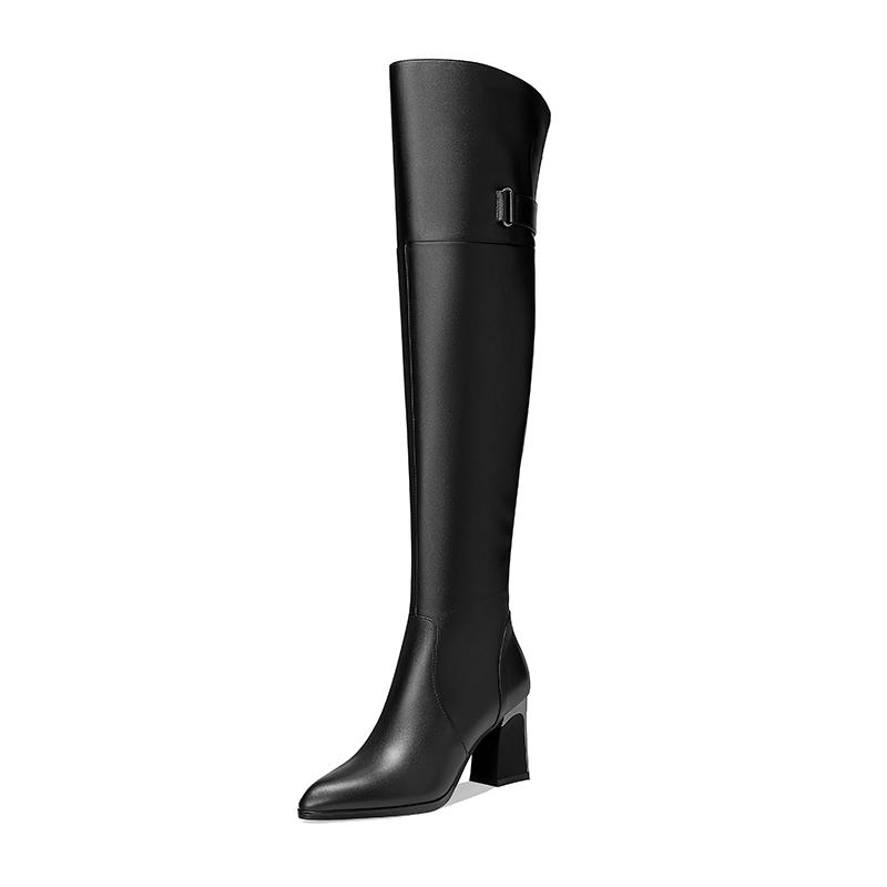 Fashion Kaky's New Pointed Thick High Heels, Genuine Cowhide, Large Size Women's Boots, Long Boots, High Sleeve Boots, Over Knee Boots,