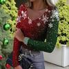 Women's Winter Slim-Fit Base Layer T-Shirt Fashionable Christmas Print V-Neck Pullover Long-Sleeved Top