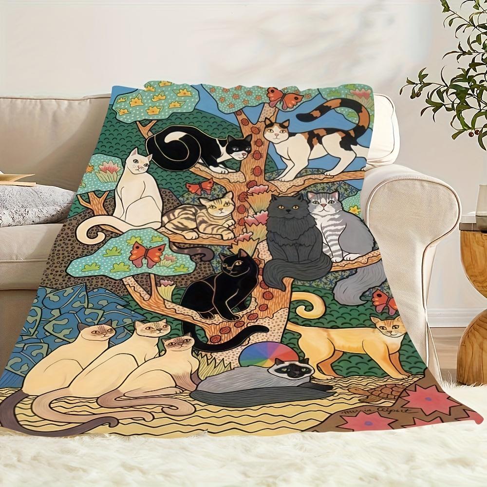 Cartoon Cats & Vibrant Tree Flannel Printed Blanket Suitable For All Seasons Suitable For Living Room Office Sofa And Travel