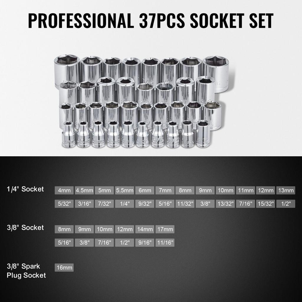Zestaw narzędzi mechanicznych 221 elementów Napęd 1/4" i 3/8" Nasadki SAE i Metryczne