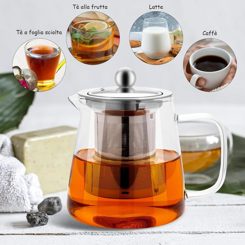 Borosilicate Glass Teapot 750 Ml with Filter, Safe Kitchen Kettle for Hob, with 304 Stainless Steel Strainer, Herbal Tea Infuser for Loose Tea Leaves,