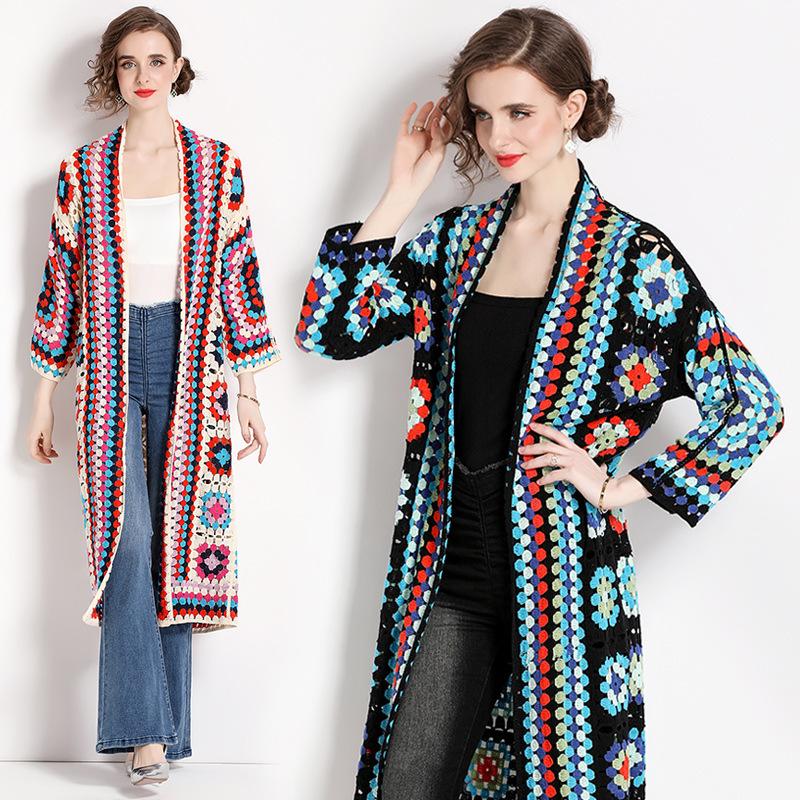Cardigan Lungo Autunnale Moda Primavera Maglia Floreale Vintage Streetwear Largo Traforato Soprabito