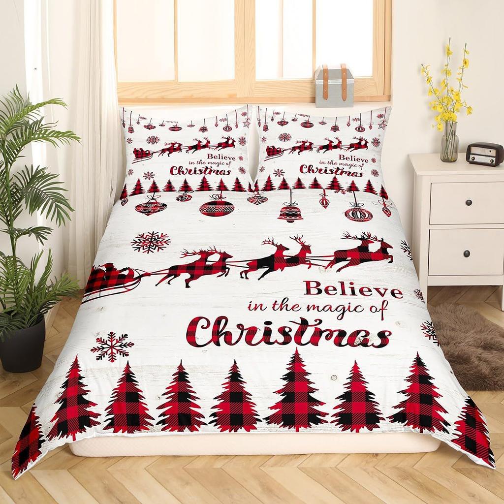 Red Three-Piece Quilt Cover Digital Printing Bedding Set Christmas Elk Snowflake Bed Cover