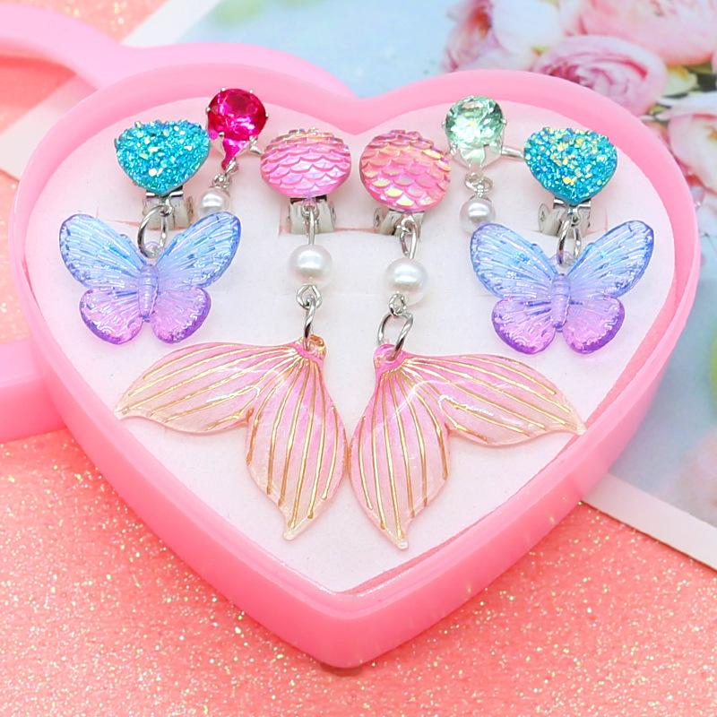 Children's Ear Clips Without Pierced Ears Girls' Earrings Summer Mermaid Series Ear Clips Ring Cute Set