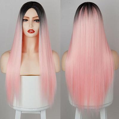 Lange, glatte, rosa Ombre-Kunsthaarperücke, Cosplay-Perücken für schwarze und weiße Frauen, bunte Faserhaarperücken, hohe Temperaturbeständigkeit
