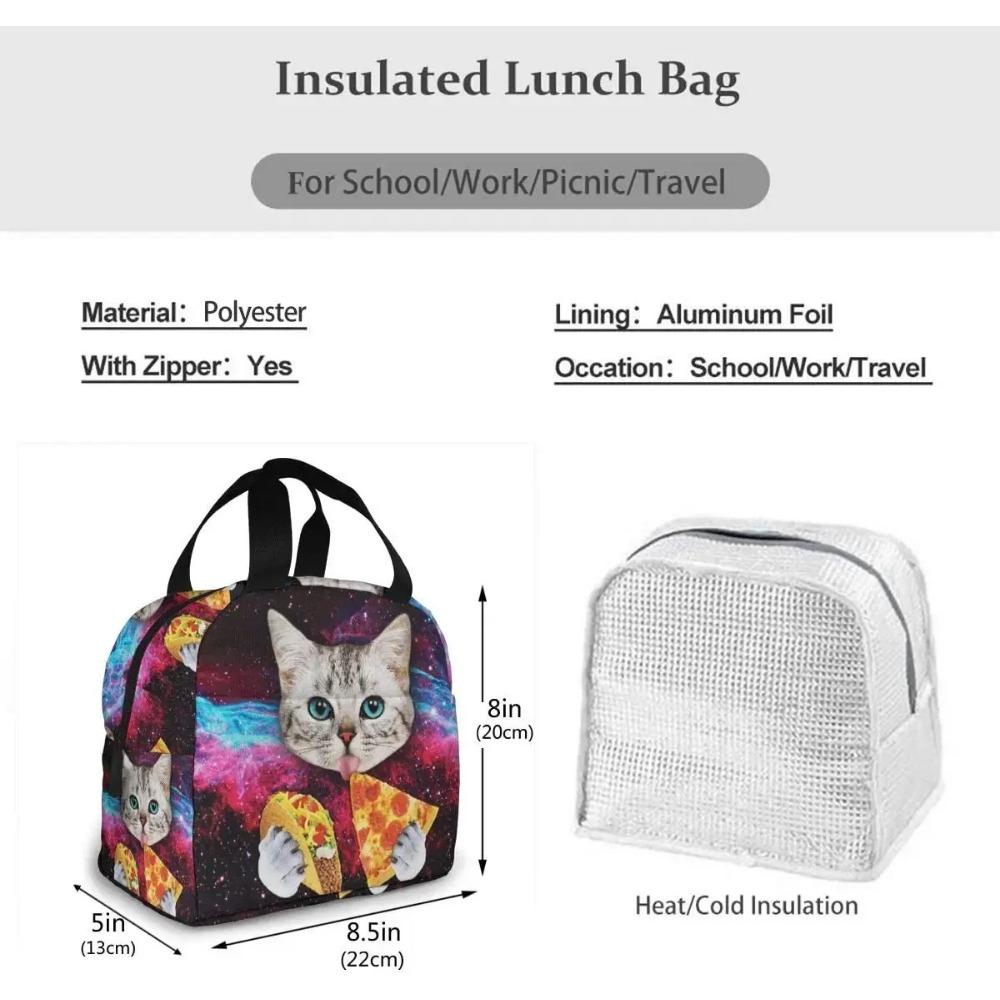 Space Cat Pizza Insulated Lunch Bag Portable Thermal Cooler Box Reusable Picnic Tote Bento Bag for Women Kids Work School Travel