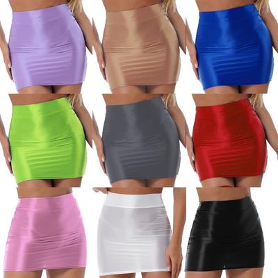 Ladies Basic Stretchy Tube Pencil Shiny Skirt Casual High Waist Romantic Transparent Miniskirt