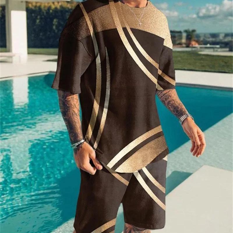 Summer Men's Set Short Sleeve Abstract 3d Printed Pattern Fashion Casual O-neck T-Shirt Shorts 2 Piece Set Sports Suit