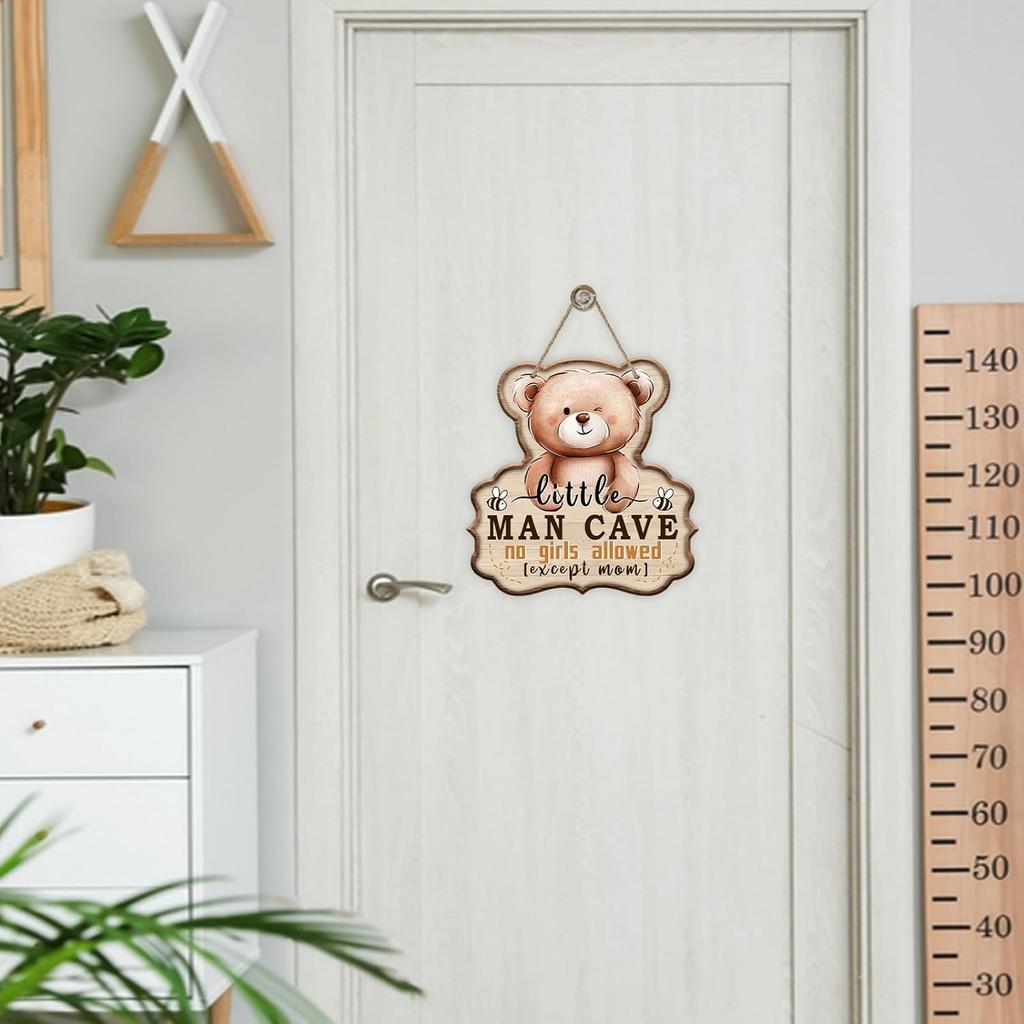 Little Man Cave No Girls Allowed Expect Mom Front Door Sign, Cute Bear Bee Wood Hanger Boy Toddler Baby Nursery Home Decor, Farmhouse Wooden Wreath