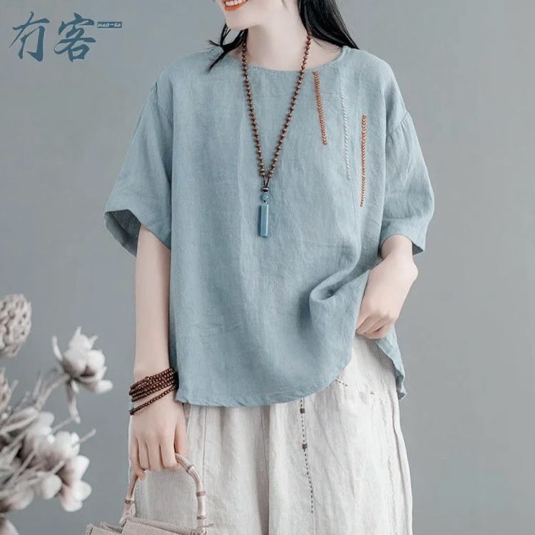 

Плюс размер M-3XL Женская футболка Летняя блузка с короткими рукавами с круглым вырезом Свободные модные винтажные вышитые женские топы в национальном стиле 3XL синий