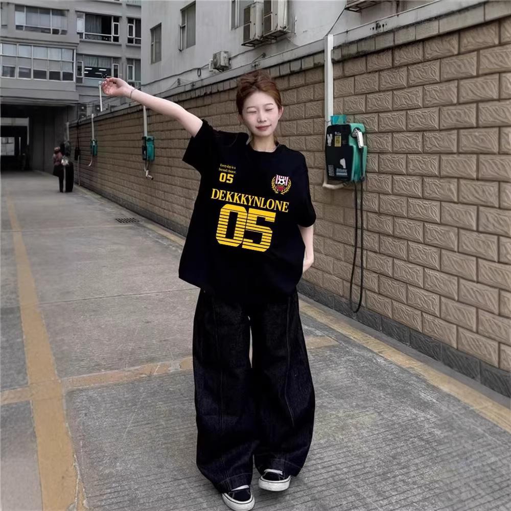 Black Cotton Short-sleeved T-shirt Women's Summer American High Street Trendy Brand Loose Large Size Fat Mm Half-sleeved Design Top
