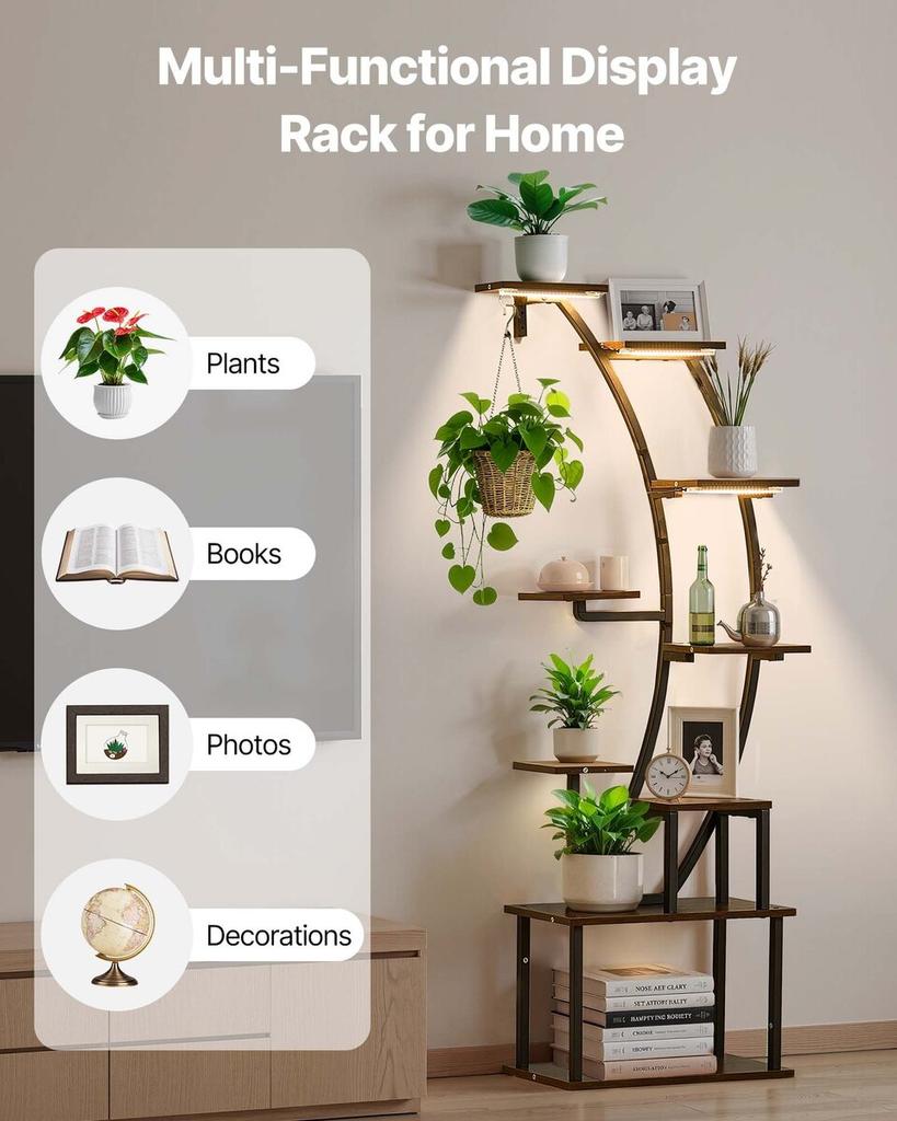 Plant Stand Indoor with Grow Lights, 160cm Tall 9-Tier Lighted Plant Shelf, Metal Corner Plants Holder, 3 Timer & 10 Brightness, Curve-Shaped Flower