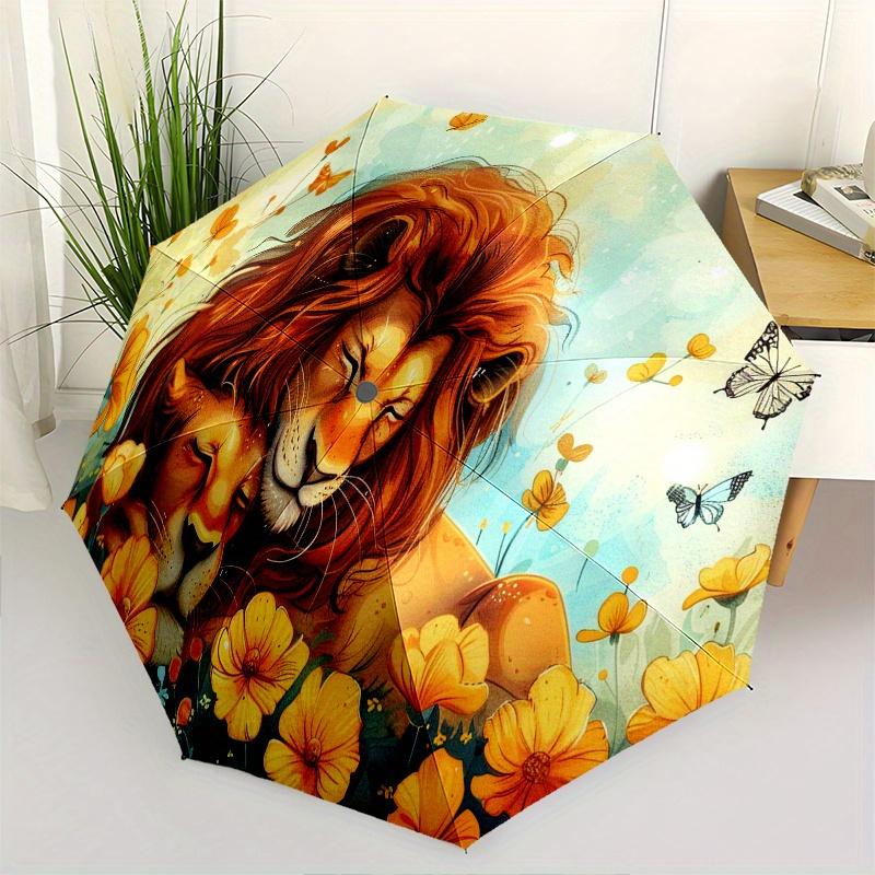 

Lion, Flowers Theme Automatic Open/Close Umbrella, Portable 3 Fold Compact Umbrella for Men & Women, Valentine s Day Mother s Day Gift0725050