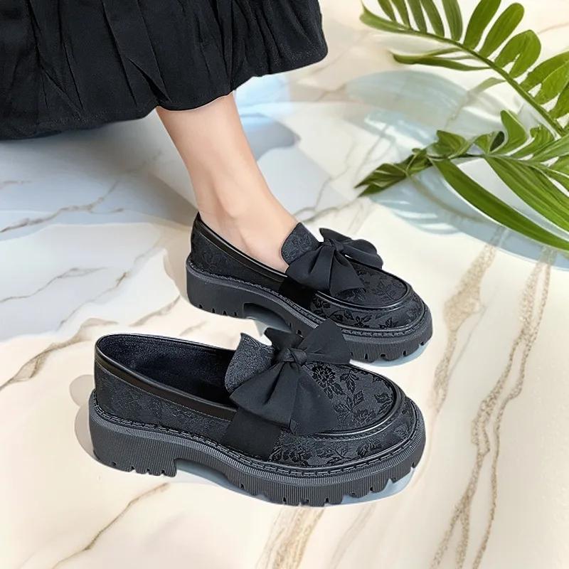 Fashion Women Flat Shoes Bowknot Leather Shoes Ladies 2025 New Spring Thick Heel Loafers Woman Fashion Comfortable Work Shoes Zapatos