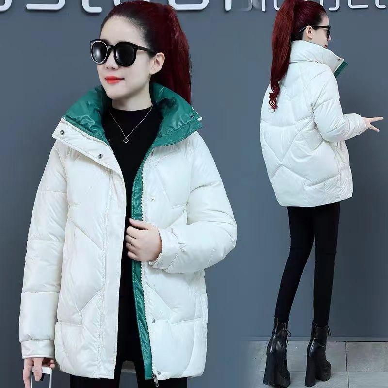 Women's Short Warm Jacket Puffy Zipper Shiny Warm Jacket Standing Collar Plus Size Lined Filled Cotton Jacket