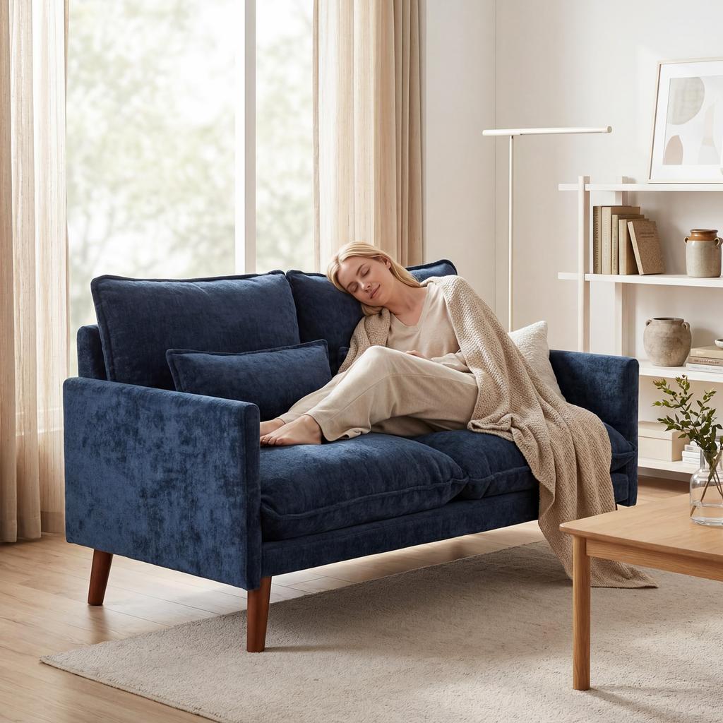2 Seater Sofa, Loveseat Sofa with Spring Cushions, Wide and Deep Seat, Wood Legs, Blue