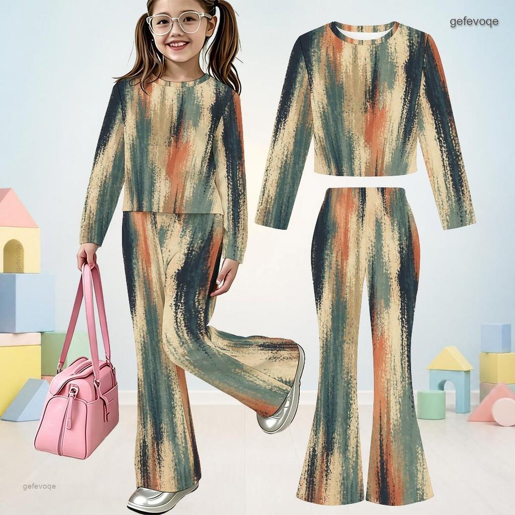 Girls Printed Round Neck Long Sleeve Top Flared Pants Two Piece Set
