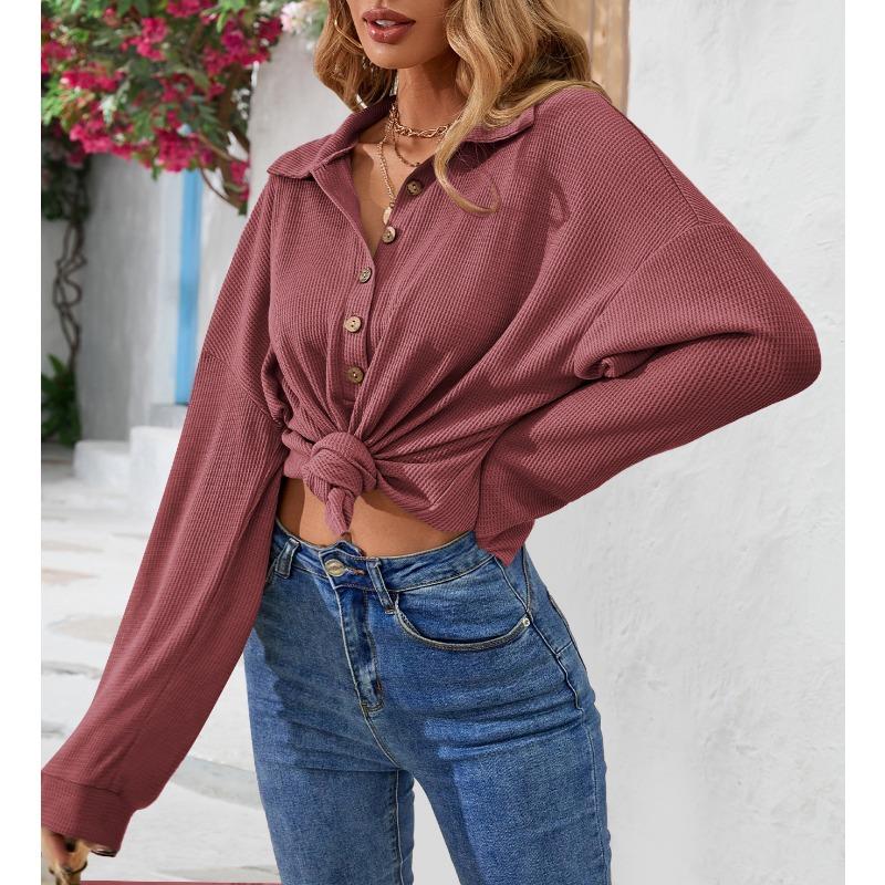 Plus Size Women's New Autumn Lapel Button Solid Color Long Sleeved Top