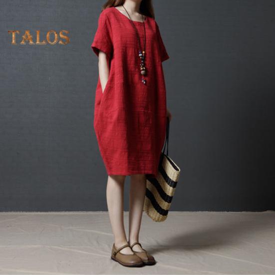 Lady Summer Dress O Neck Short Sleeves Pure Color Loose Side Pockets Knee Length Pullover Casual Commute Midi Dress