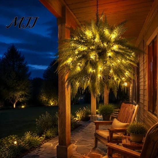 Potted Greenery for Patio Entryway Pre-Lit Artificial Ferns with Warm LED Lights, UV Resistant Faux Hanging Plants Evergreen Simulated Foliage