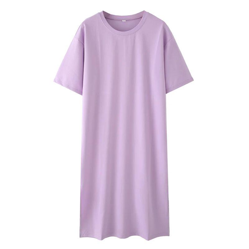 Summer New Product Women's Clothes Round Neck Short Sleeve Slit Design Cotton Long A- Line T-shirt Dress 4174465