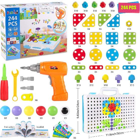 Educational Toys Building Blocks, 244 Pieces Electric Screwdriver DIY Building Toys for Boys and Girls, Educational Construction Building kit for